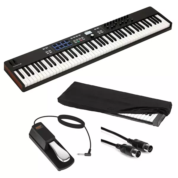 Arturia KeyLab Essential 88 mk3 — 88 key USB MIDI Controller with Software (Black) Bundle with Auray Universal Piano-Style Sustain Pedal, Hosa Black 10' Midi cable and Kaces Keyboard Dust Cover