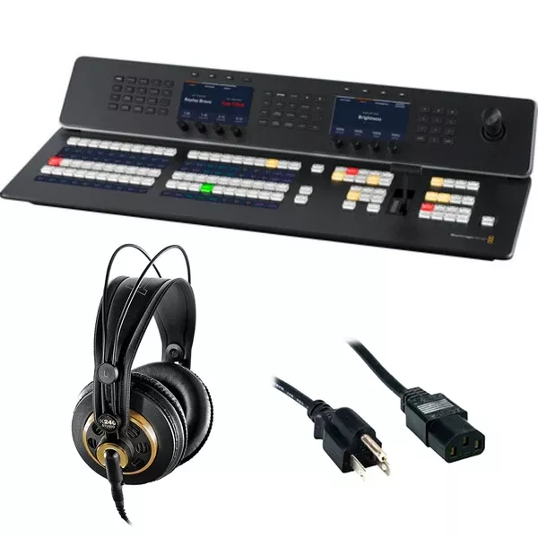Blackmagic Design ATEM 1 M/E Advanced Panel 20 Bundle with AKG Pro Audio K240 Professional Studio Headphones and Comprehensive Standard PC Power Cord