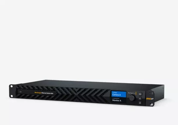 Blackmagic Ethernet Switch 820, Extreme performance low latency Ethernet switch, with 8 ultra fast 100G Ethernet connections and 2 high speed 10G Ethernet ports, plus redundant PTP clock ports and control port for NMOS control