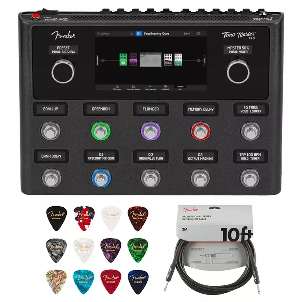 Fender Tone Master Pro Bundle with Professional Instrument Cable (10ft) and Classic Celluloid Guitar Picks 12-Pack