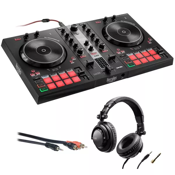Hercules DJ Control Inpulse 300 MK2 2-Deck USB DJ Controller Bundle with Hercules HDP DJ45 Closed-Back, Over-Ear DJ Headphones and 6' Mini to RCA Cables