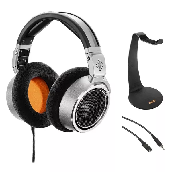 Neumann NDH 30 Dynamic Reference-class Open-Back Studio Headphone Bundle with Auray HPDS-B Desktop Headphone Stand and 3.5mm Mini to Mini Cables