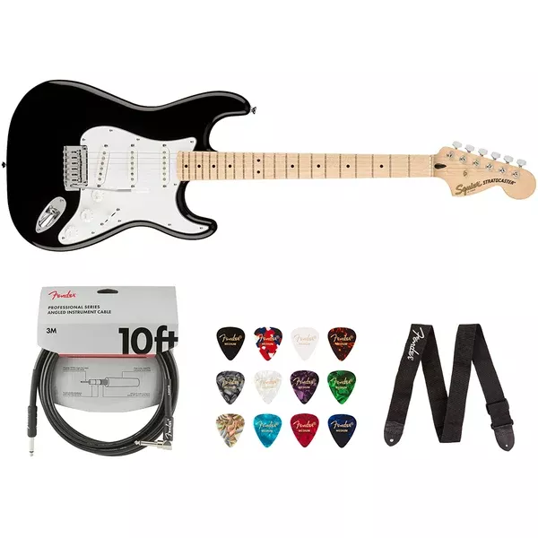 Squier by Fender Affinity Series Stratocaster, Maple fingerboard (Black) Bundle with Fender Mustang Micro Headphone Amp, Guitar Strap, 10ft Instrument Cable, FT-1 Clip-On Tuner, 12-Pack Picks, and Headphone